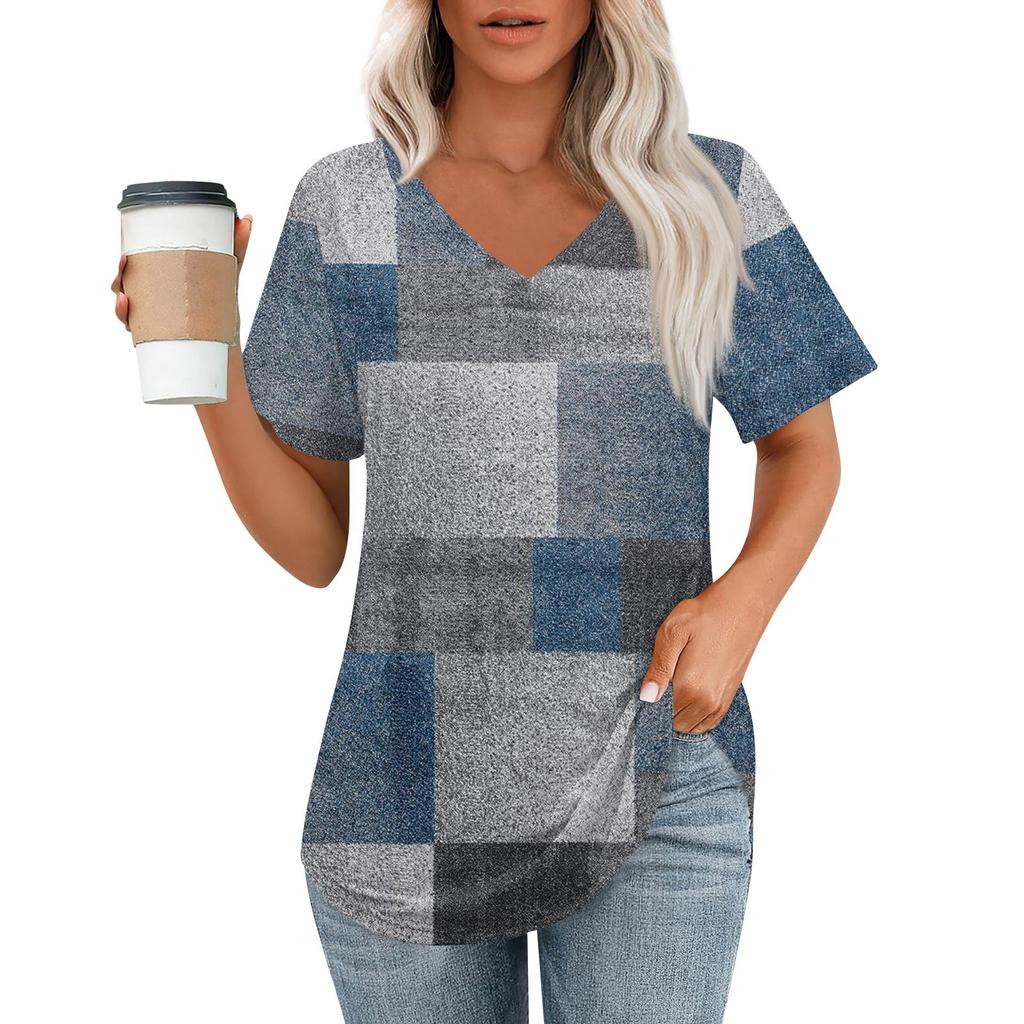 Womens T Shirts V Neck Short Sleeve Casual Tops Loose Fit Basic Tees With Curved Hem