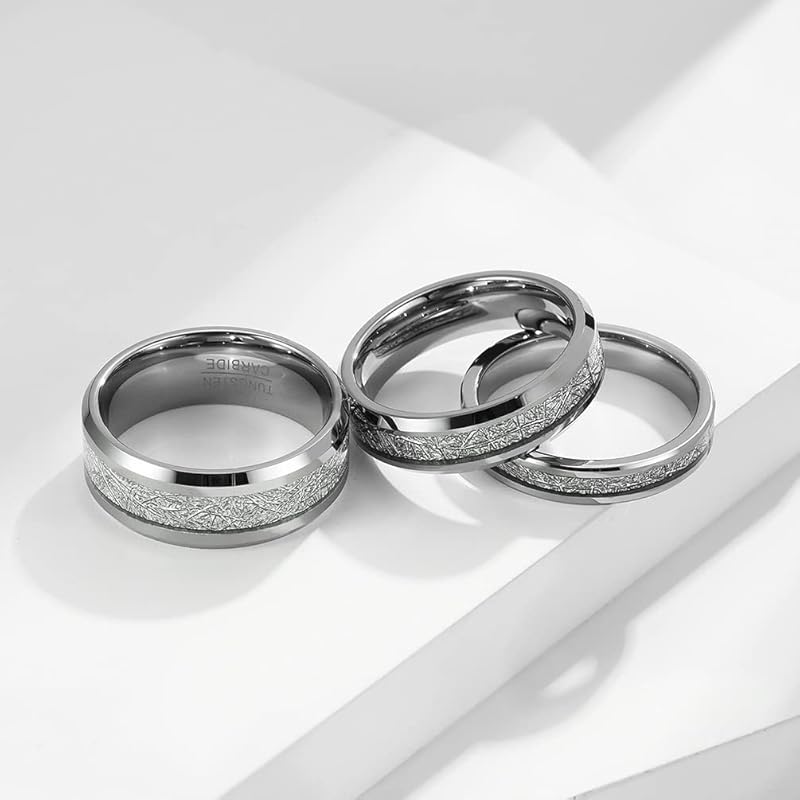 Oakky 6mm unisex Tungsten Steel Inner Arc Chamfered Edge Carbon Fiber Meteorite Inlaid Wedding ring statement promise comfort fit silver size 21