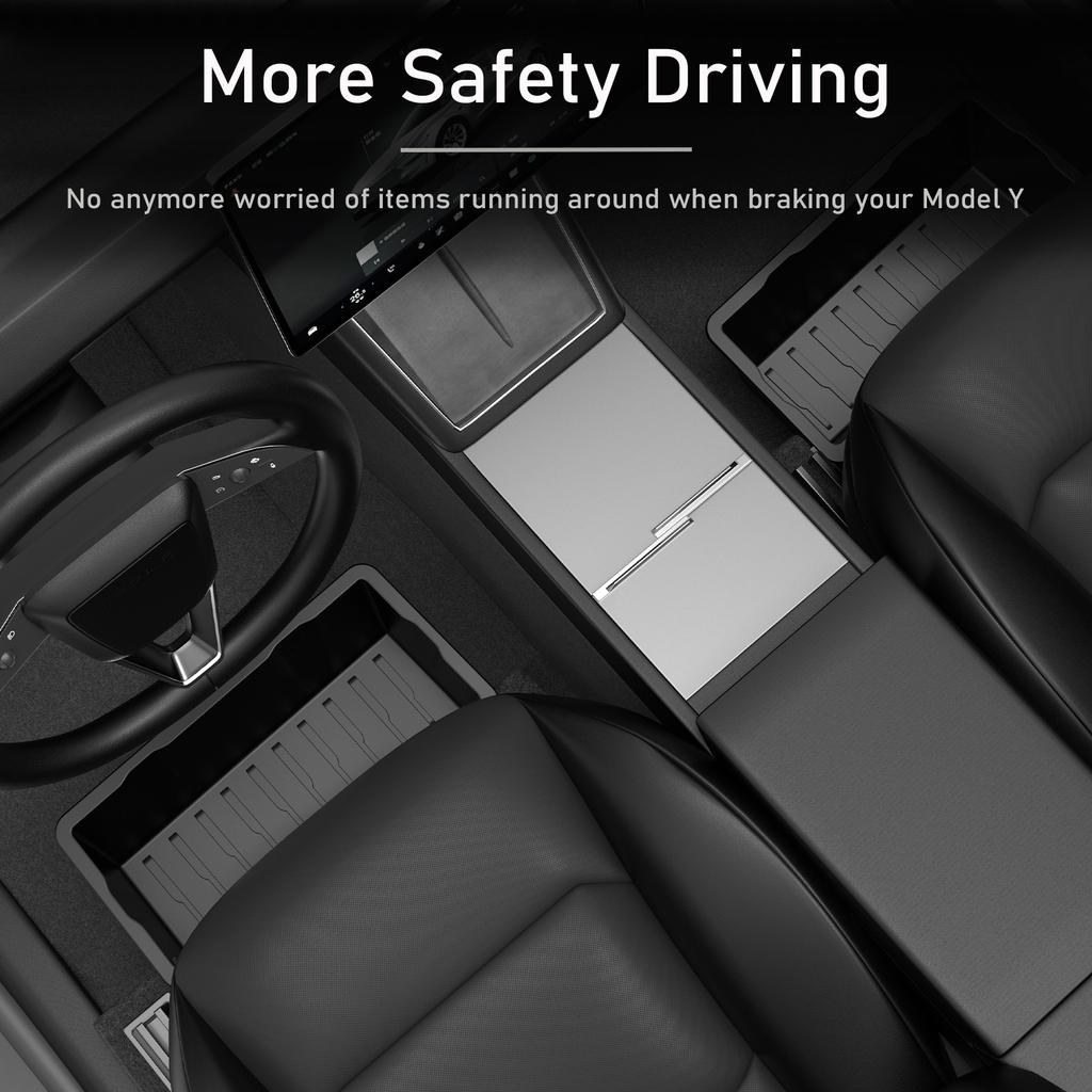 For Tesla Model Y Juniper 2025 Front Rear Under Seat Storage Box Bins Center Console Organizer Hidden Drawer Travel Accessories