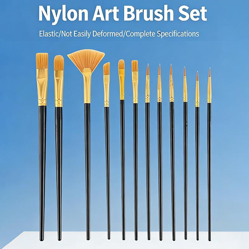 12pcs Flat Nylon Paint Brushes Set Soft Bristle Brush Set for Watercolor Oil Acrylic Painting for Kids Home Classroom Studio