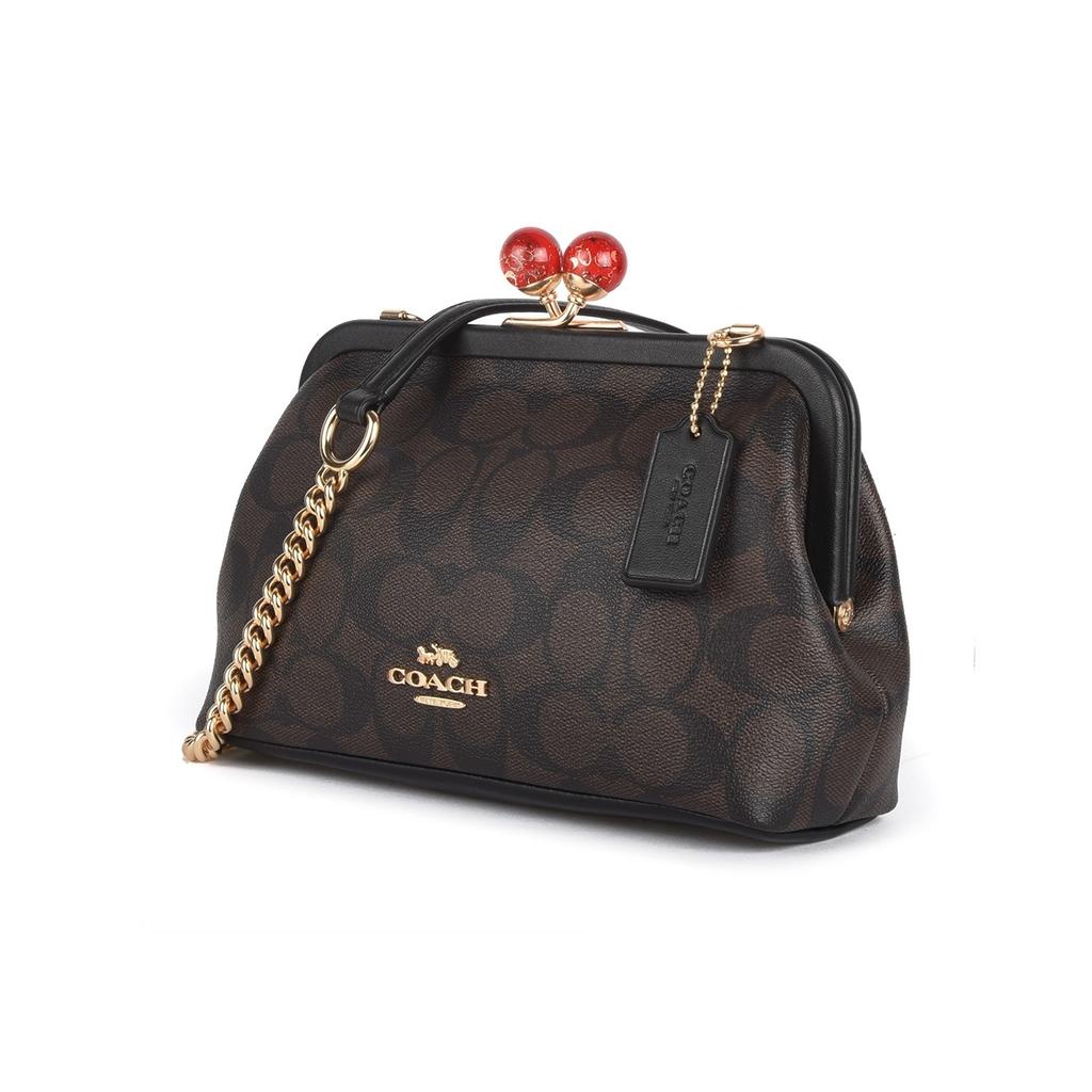 Coach Kisslock Series 22 Logo Charm Detachable Shoulder Strap Coated Canvas And Leather Kiss Lock Handbag Women Handbag Brown Black C1452-IMAA8