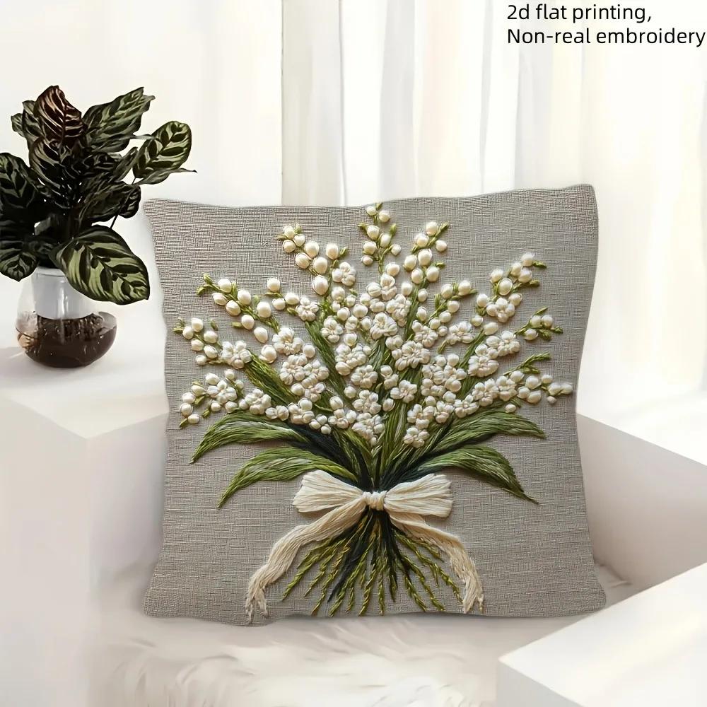 Vikama Lily Of The Valley 2D Flat-Printed Pillow Cover With Non-Real Embroidery Sofa Cushion Cover, Home Decoration