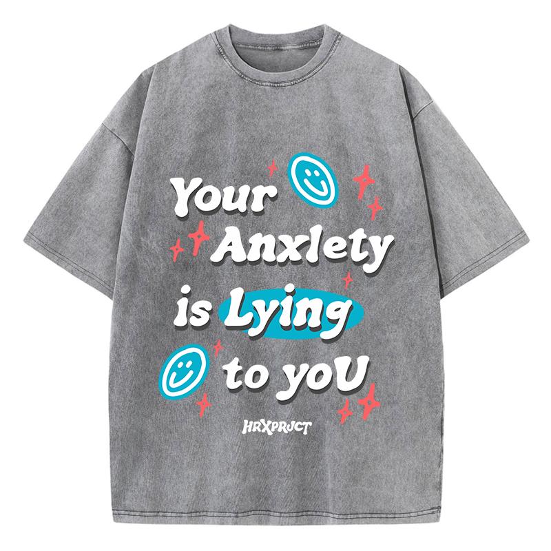 Винтажные женские футболки с кислотной стиркой Ваши тревоги лгут вам Принты Топы Круглый вырез Хлопок Оверсайз Рубашки