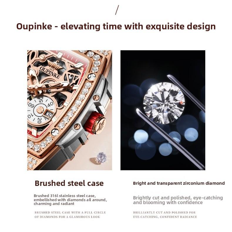 OUPINKE Часы, Скелетонизированные Прямоугольные Силиконовые Автоматические Механические Резиновые Водонепроницаемые Женские Часы