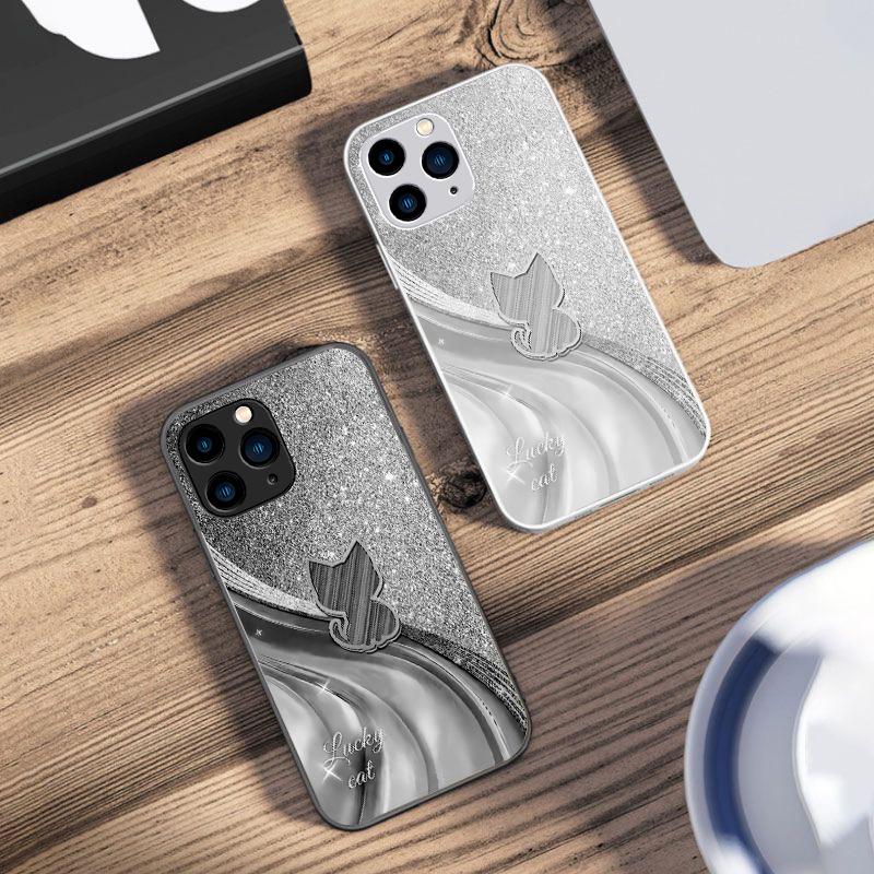 Сверкающий Алмазный Кот Для IPhone 16 Pro Max 15 Pro 14 13 12 Mini 11 XS Max XR 7 8 Plus SE 2022 Чехол из Закаленного Стекла