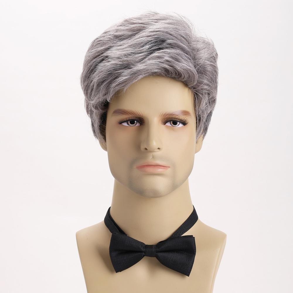 European and American Men's Fashion Daily Use Natural Looking Side Part Synthetic Fiber Silver Gray Short Curly Wig