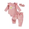 Baby Girl Fall Outfits Letter Embroidery Long Sleeve Romper with Floral Pattern Long Pants Headband 3 Pcs Sets