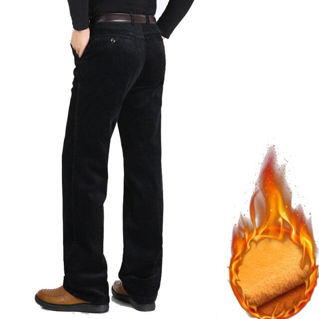 Autumn Winter Velvet Corduroy Pants Men Business Casual Pants Loose Elastic Middle-aged Straight Fleece Thick Corduroy Trousers