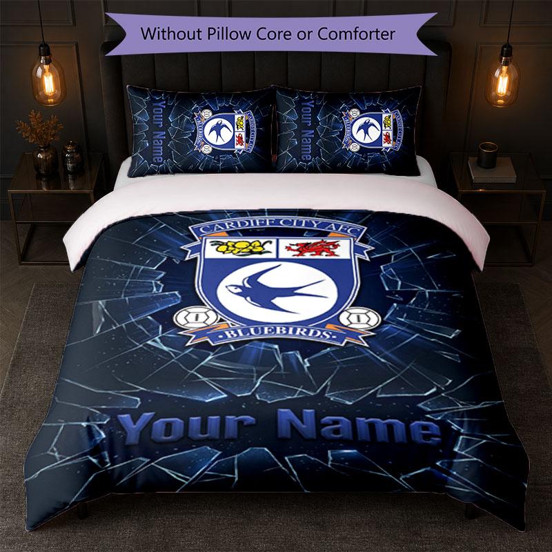 Cardiff City Custom Name Text Bedding Set 1 Duvet Cover+2 Pillowcases Soccer Logo Personalized Gift For Special Occasion Bedroom Decor
