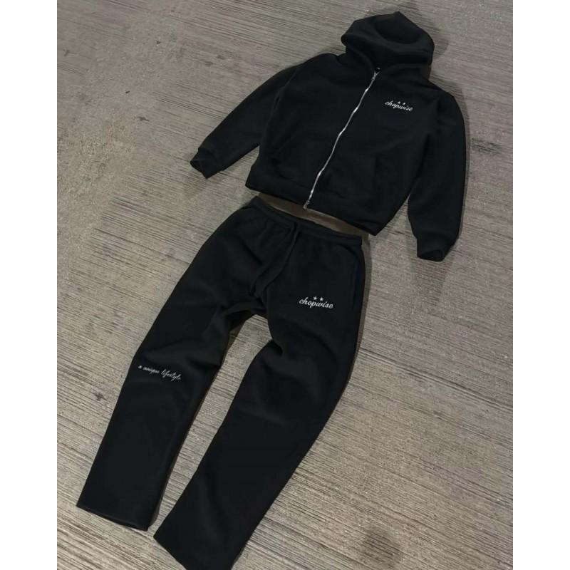 Womens Hooded Zip-Up Streetwear Sweatshirt Wide Leg Pants Set Geometric Print Casual Outfit