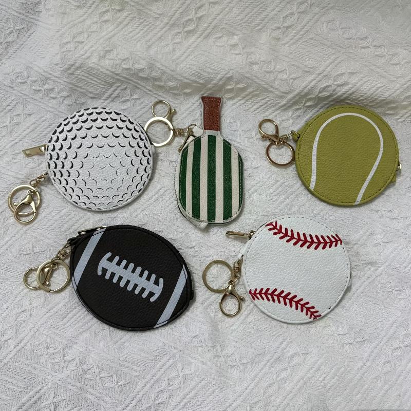Sport Themed Mini Coin Purse Ball Shaped PU Leather Keychain for Athletes Gym Essentials