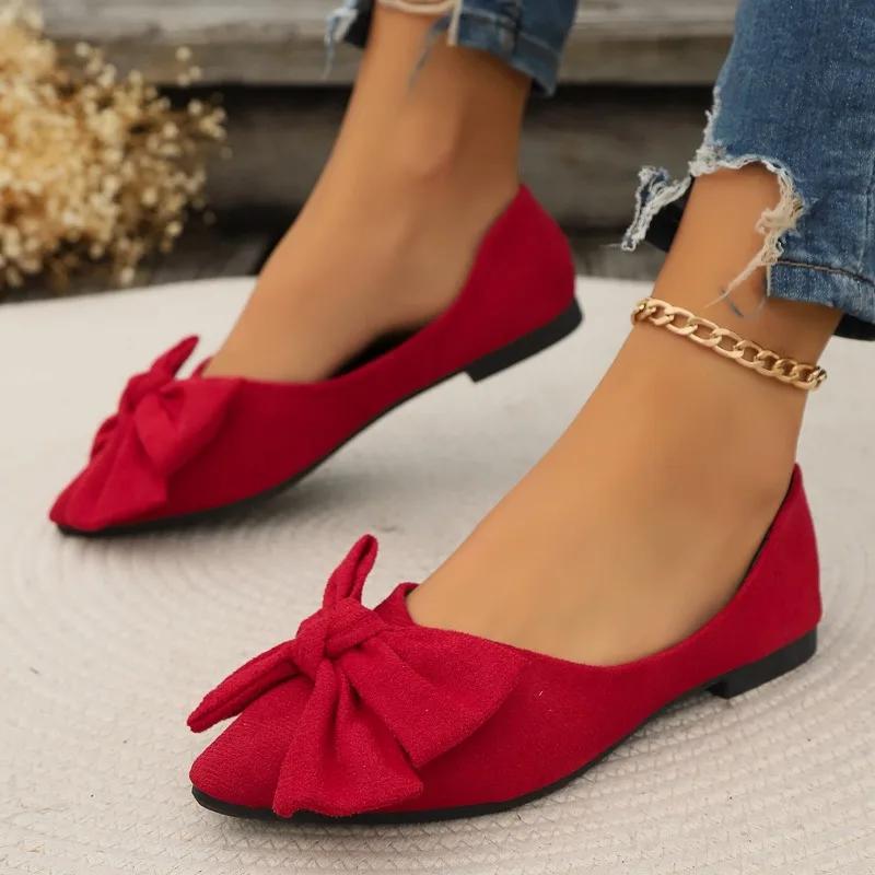 2024 Summer Fashionable and Comfortable Pointed Simple Bow Casual Large Size Wear-Resistant Women's Flat Shoes Zapatos Mujer