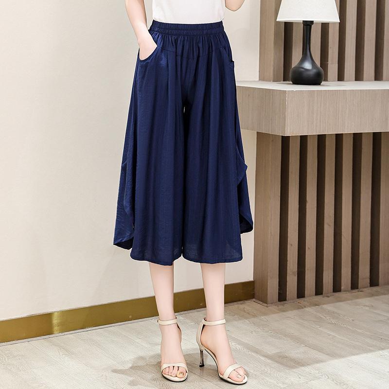 Women's Spring Summer and Autumn Thin Section of Pure Colour Cotton and Linen Leisure Comfortable Breathable Seven-minute Wide Legged Trousers