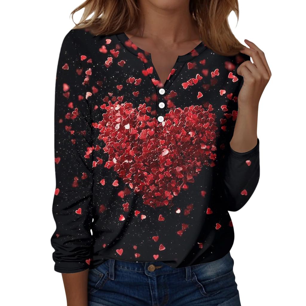 Женская футболка с рождественским принтом на пуговицах с длинным рукавом, повседневная, выходного дня, модная, базовая, с V-образным вырезом, обычная