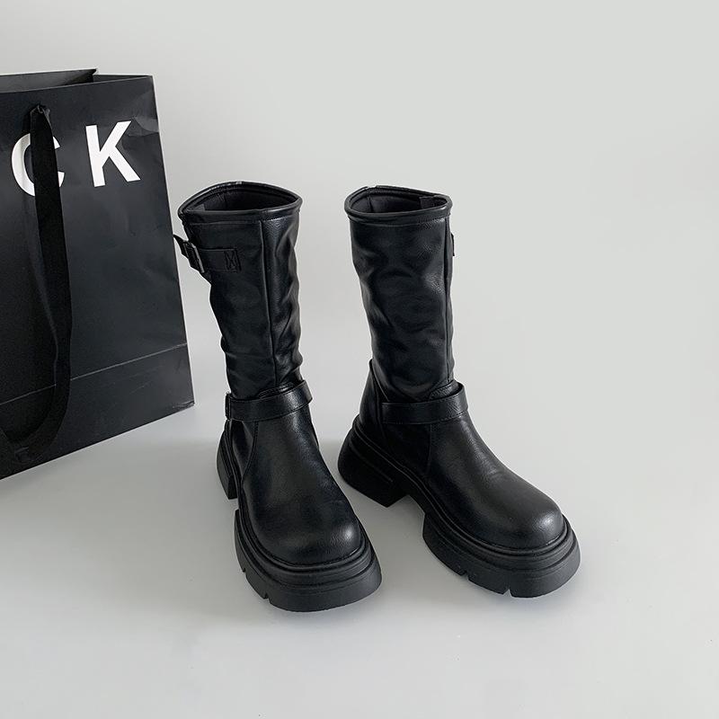 Празднуйте Винтажные Ботинки до середины икры на толстой подошве Женские Осенние из мягкой кожи в западном стиле Короткие ботильоны Женские ботинки на массивном каблуке