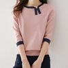 Spring and Autumn Women's Blouse T-shirt Clashing Design Asymmetric Knit Sweater Seven-quarter Sleeve Pullover Knitwear