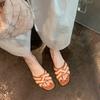 Sheepskin version~ square-headed straw-woven cross-toed slippers women's Korea 2025 summer irregular casual cool slippers