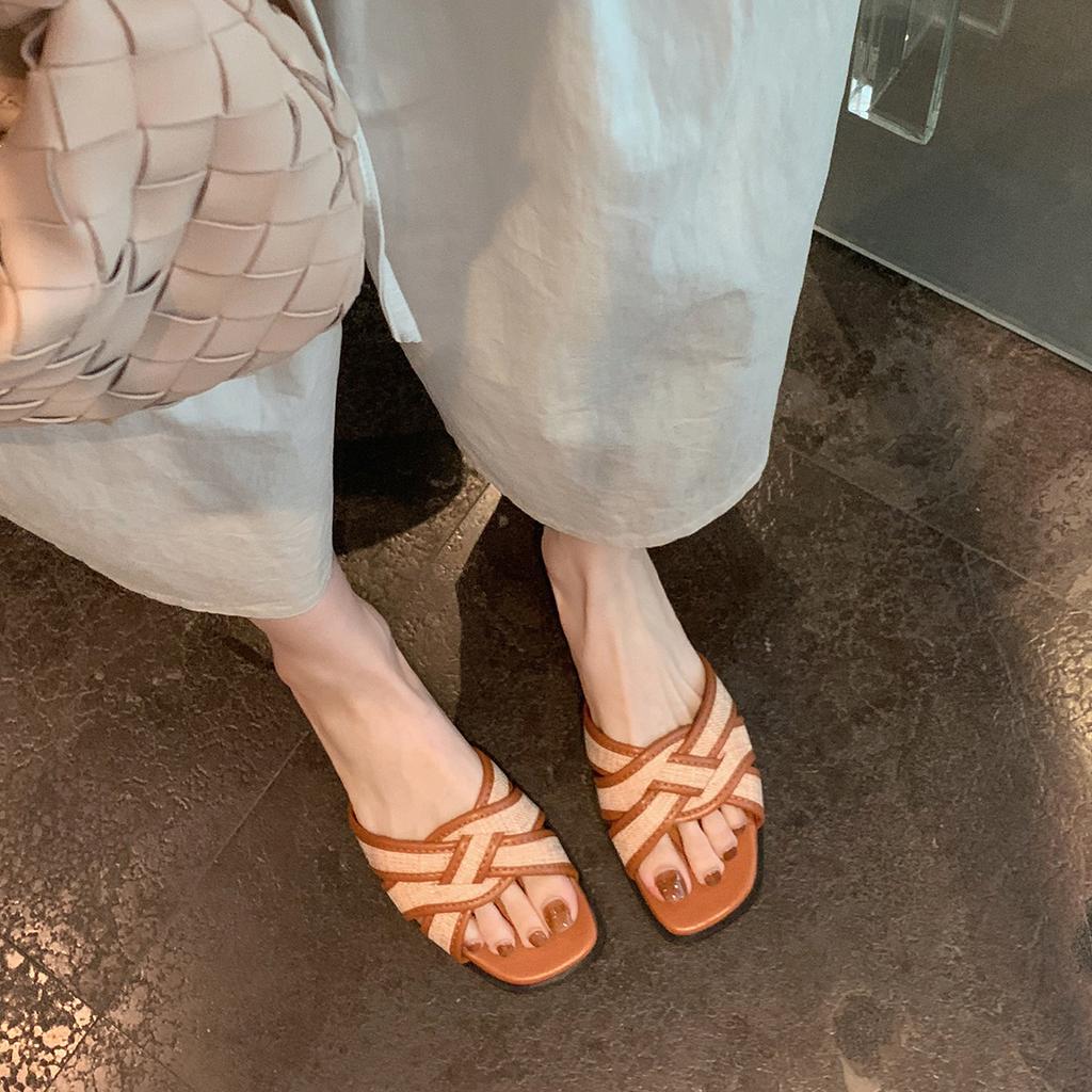 Sheepskin version~ square-headed straw-woven cross-toed slippers women's Korea 2025 summer irregular casual cool slippers