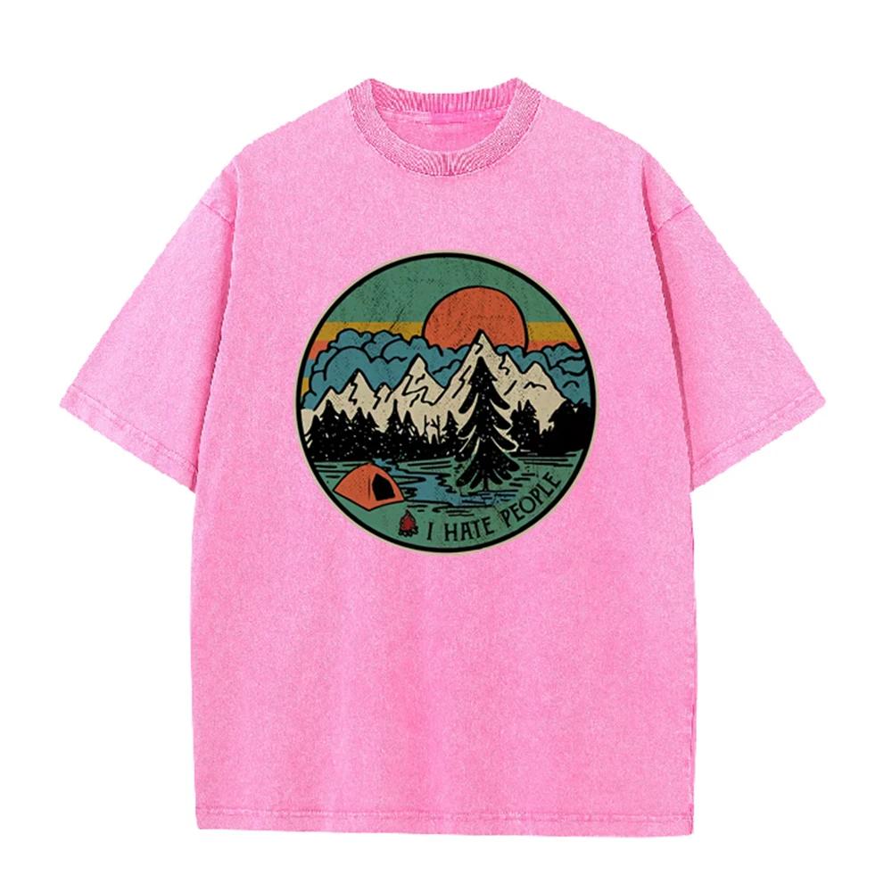 2026 Vintage Round Mountain Camping Tent Sunset Graphic Beige Washed T Shirt Retro Outdoor Forest Funny Slogan Oversized Unisex