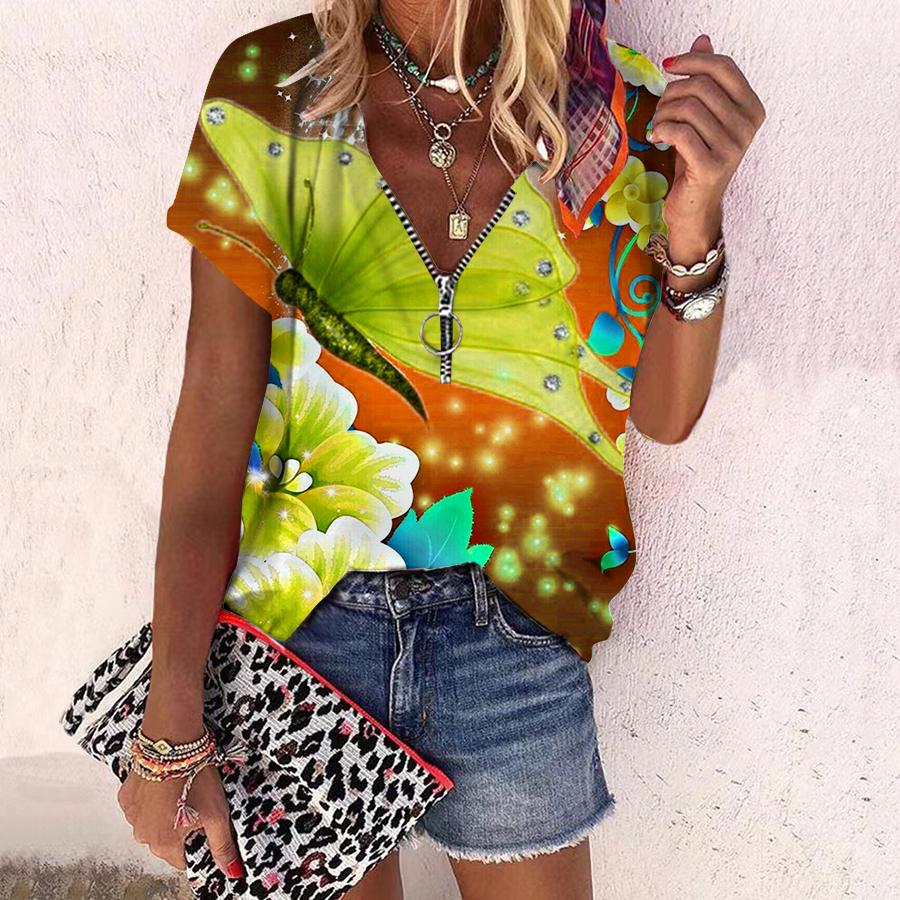 Женский топ, летний новый модный топ с великолепными цветами и принтом, повседневный топ на молнии с v-образным вырезом и короткими рукавами