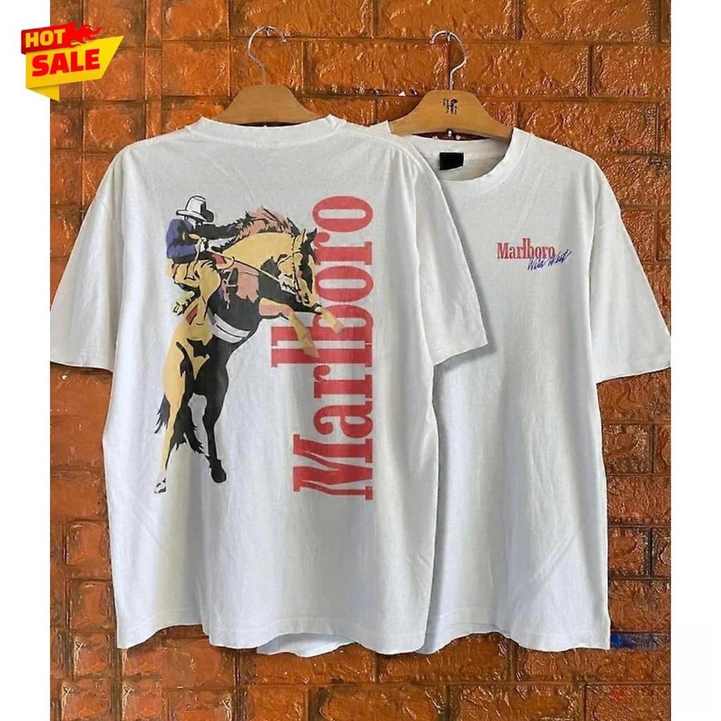Винтажная белая футболка Marlboro Cowboy Pocket 90-х Сигареты Вестерн Винтаж Мужская Женская Оверсайз Y2k Короткие рукава Высокое качество Мужская Женская Одежда