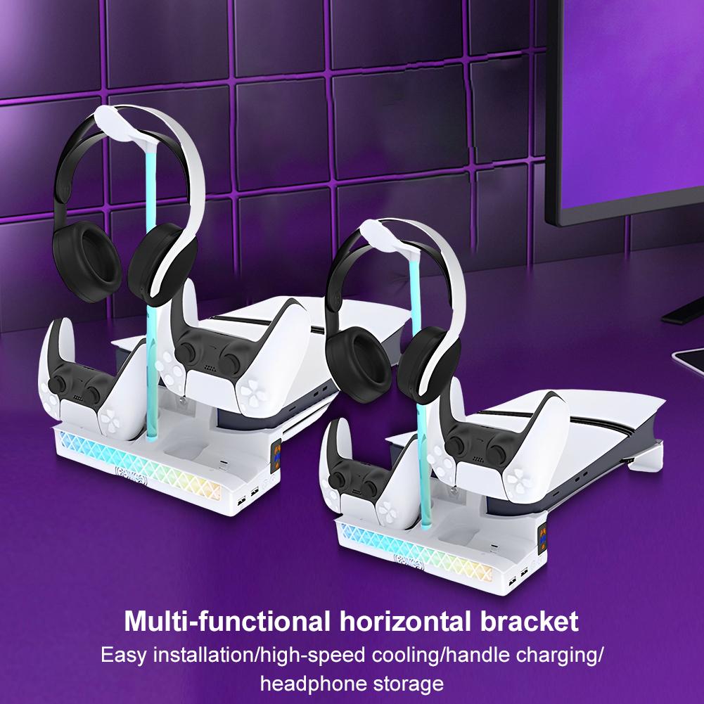RGB Горизонтальная подставка для консоли с охлаждающей подставкой-станцией для PS5 PRO/Slim, стойка для зарядки двух контроллеров, держатель для консоли и гарнитуры