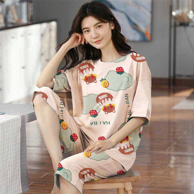 Летние капри в клетку женские пижамы для сна с короткими рукавами пижамные комплекты с рисунком пижамы из полиэстера 3XL 5XL домашняя мода