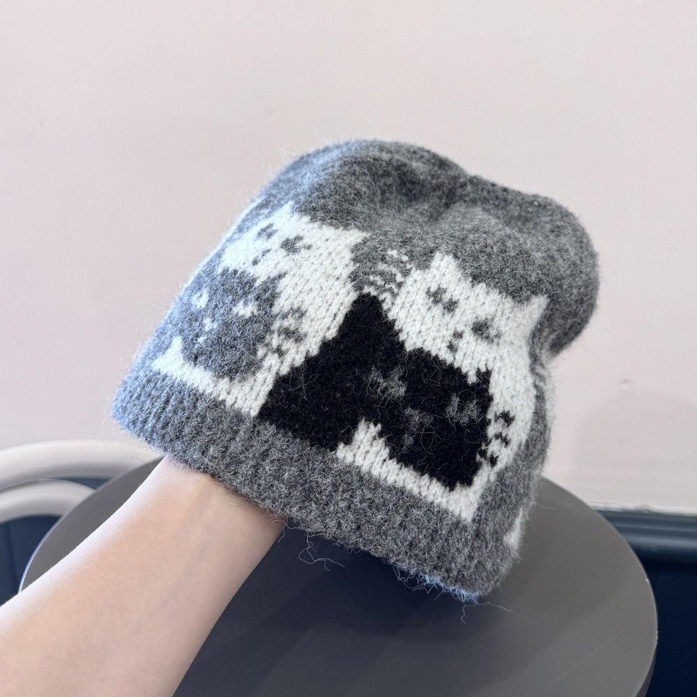 Printed Jacquard Pattern Beanies Warm Printing Knit Cap Casual Jacquard Cat Knitted Hat Girls