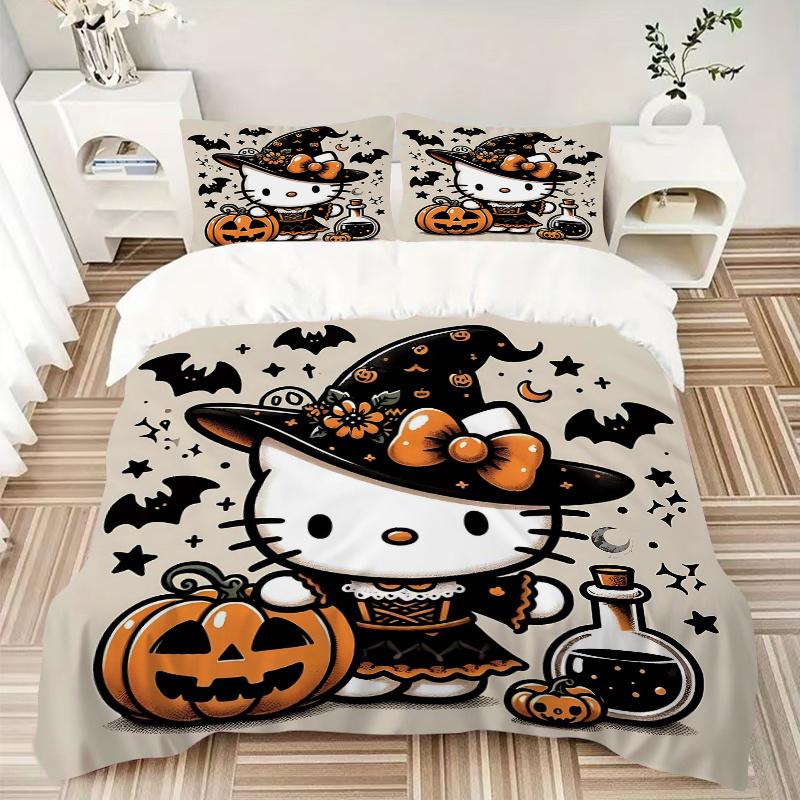 3pcs Witch Hello Kitty Printed Bedding Set, Soft and Comfortable Quilt Cover for Bedroom, Guest Room ( Not Included).H104