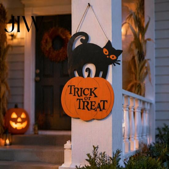 Hanging Decoration for Porch Halloween Wooden Door Sign, Black Cat And Pumpkin Plaque, Rustic Solid Wood Sign Farmhouse Wall Decor Holiday Party