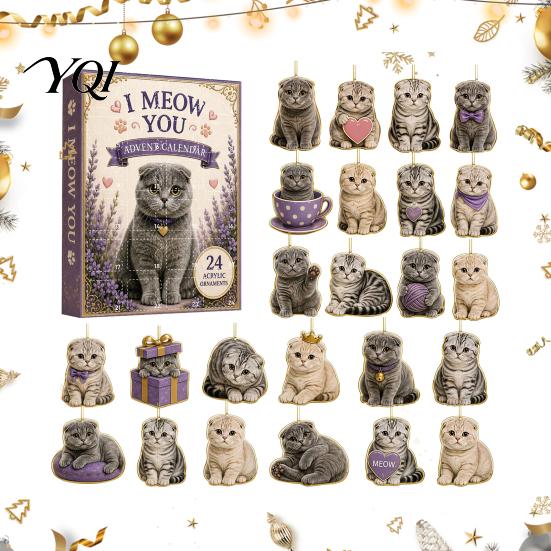 Decorative Retro Gift Box Cat Advent Calendar 2026, 24 Days 2D Acrylic Christmas Ornaments Countdown Calendar, Lover Ideas Collectible Cute