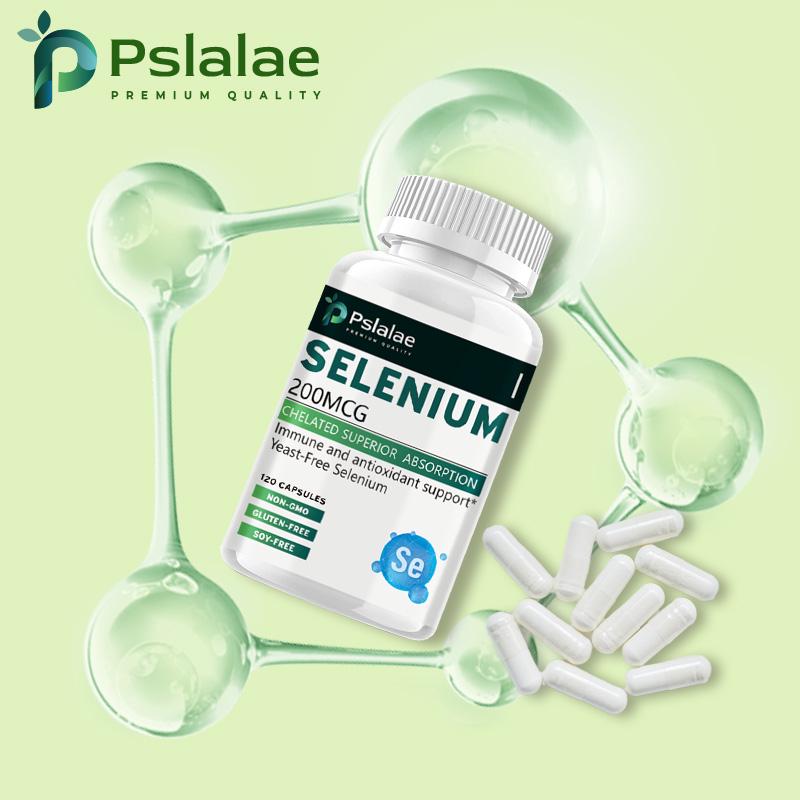 Pslalae Капсулы с экстрактом селена, 200 микрограммов на порцию, полностью натуральные, 120 капсул, подходят для взрослых, высокая скорость усвоения.