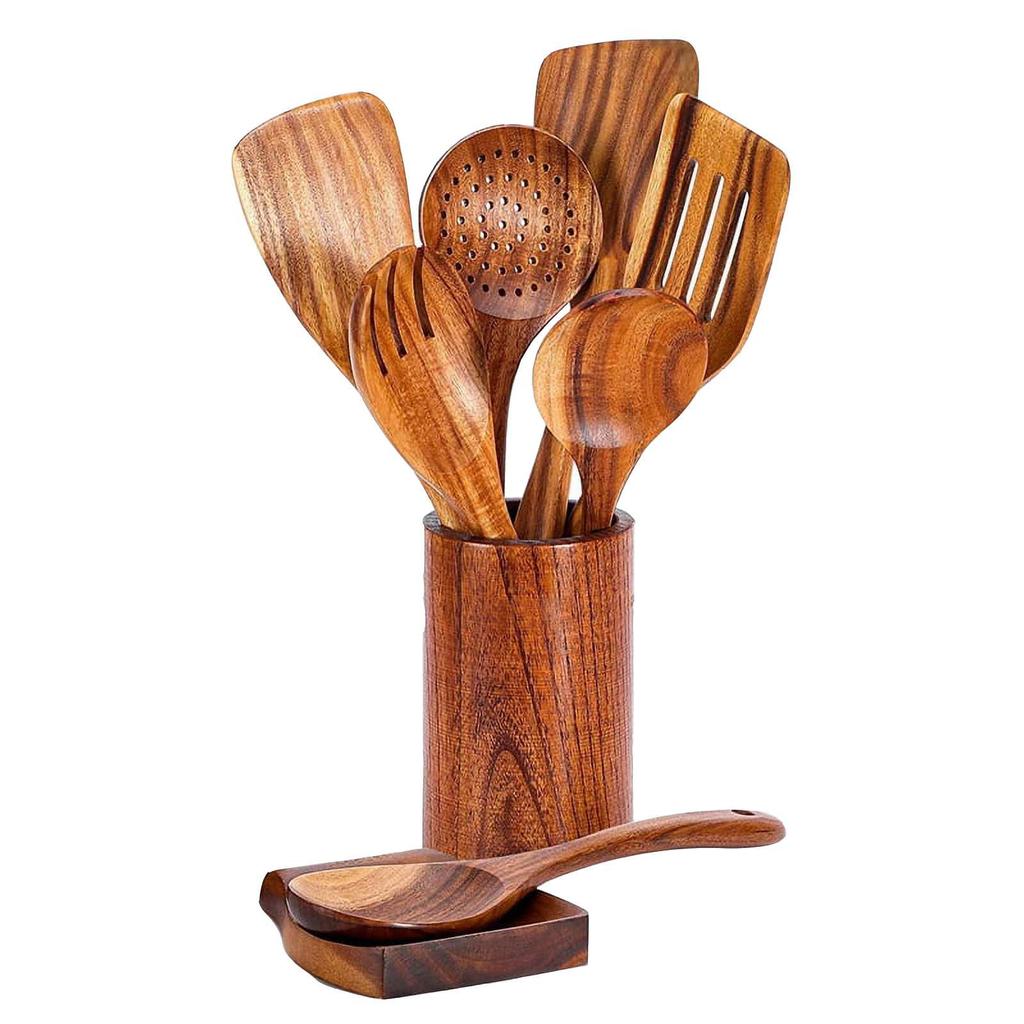 9 PCS Wooden Spoons For Cooking, Wooden Utensils For Cooking With Utensils Holder, Teak Wooden Kitchen Utensils Set