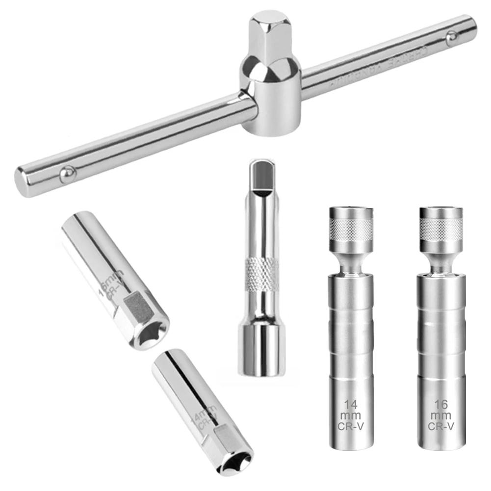 Набор из 6 шт. Автомобильный свечной ключ 14 мм 16 мм Гибкий свечной набор с Т-образной рукояткой для инструментов для ремонта автомобилей и мотоциклов