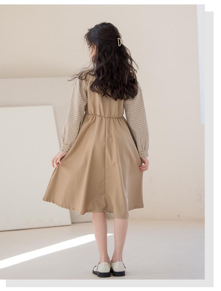 Платье для девочек «Гусиная лапка», имитация двойки - 2025 Осень, студенческий стиль для детей