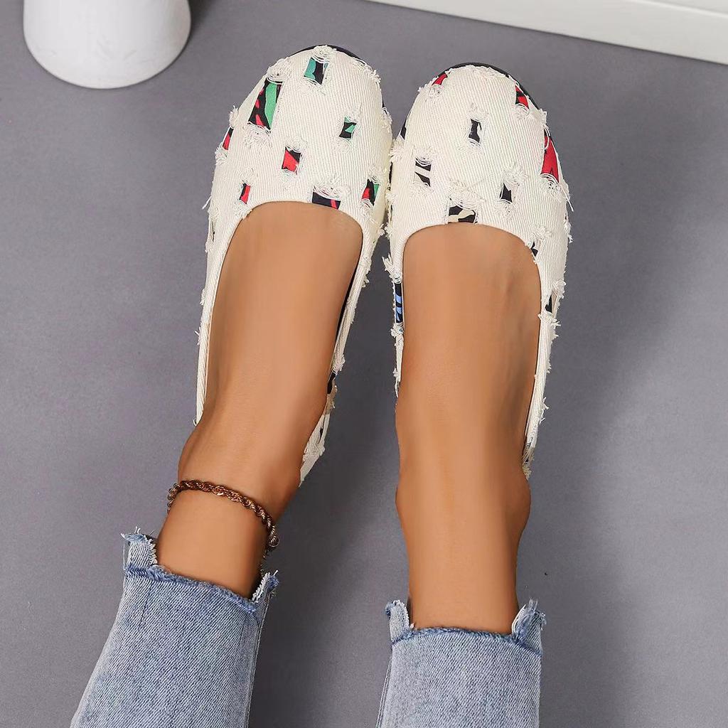 Женские мокасины 2024 года, новые разноцветные лоскутные джинсовые дышащие туфли, балетки, мокасины, повседневные туфли с круглым носком без застежки