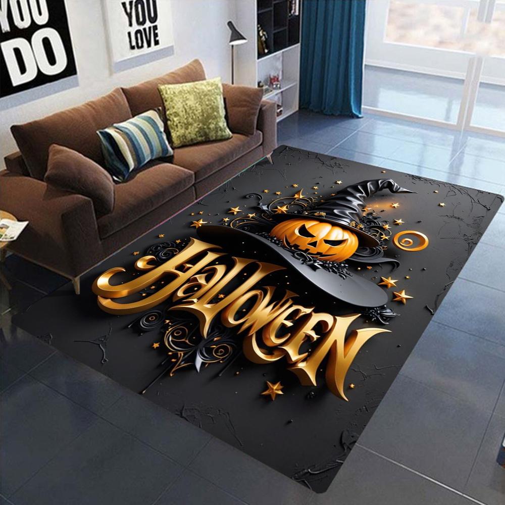 Halloween Carpet Mat Rug Gothic Pumpkin Skull Witch Hat Haunted House Bat Print Festive Home Decoration Living Room Floor Decor