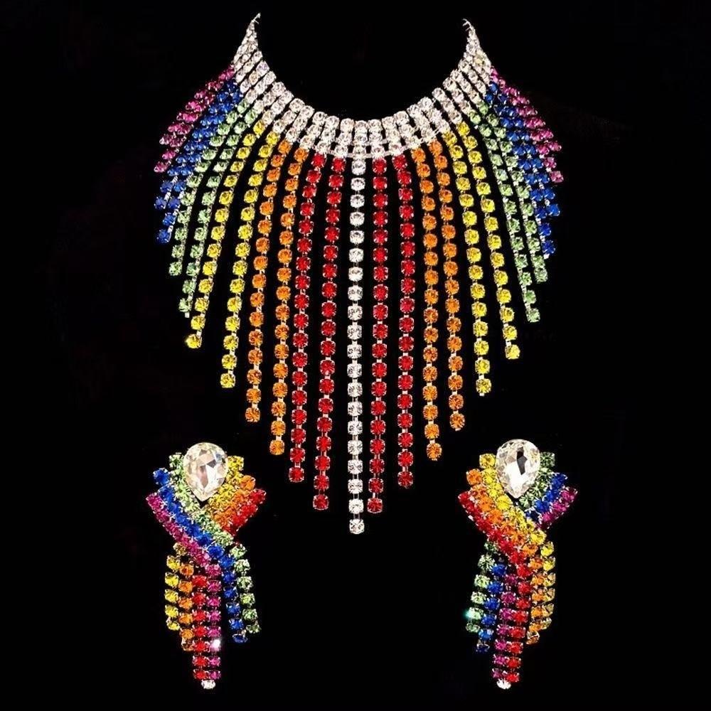 Vintage Rhinestone Crystal Necklace Shiny Ear Studs Luxury Rainbow Tassel Jewelry Set Evening