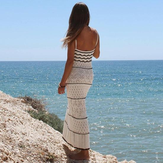 Women's Crochet Sleeveless Long Dress Spaghetti Strap Eyelet Striped Midi Dress Summer Beach Knit Cami Dresses