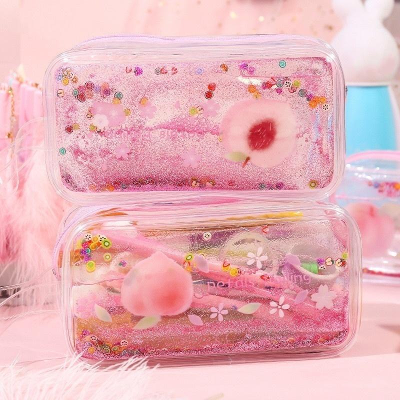 Xiaomi Cute Avocado Transparent Quicksand Pencil Case Cartoon Peach Large Capacity Pencil Case Stationery Case Portable Cosmetic Bag