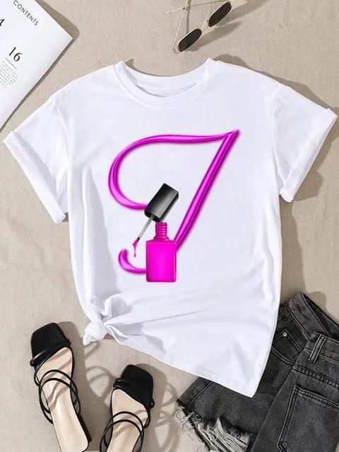 Summer Women's Short Sleeve T-shirt Dazzle Nail Polish Letter Print Large Size Shirt Fashion Girl Crewneck Tshirt Aesthetic Tee