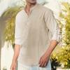 Men's Cotton Linen T-shirt Long Sleeve Spring Summer Henley Neck Casual Simple Style Breathable Fashion Vacation Tops