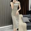 Women's Fashion Summer Spring Stripe Print Sleeveless One Shoulder Slim Casual Dresses