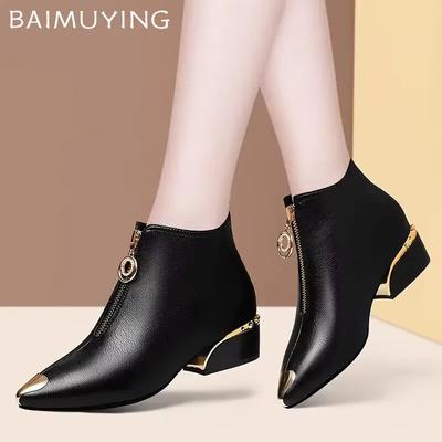 Роскошные женские ботильоны с острым носком, массивные кожаные туфли на молнии, женские зимние туфли-лодочки 2025 года, модные зимние туфли-лодочки Chelsea Botas Mujer
