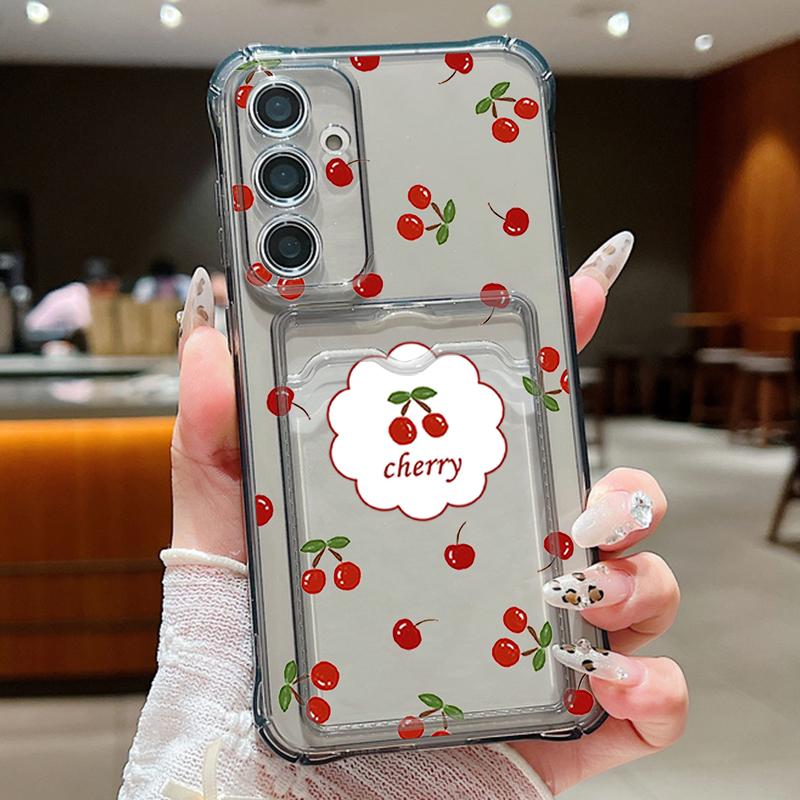 Cherry Print Card Slot Clear Soft Silicone Case For Samsung S25 Ultra S24 FE S23 S22 A36 A56 A55 A16 A06 A15 A26 Slim Shockproof Phone Cover