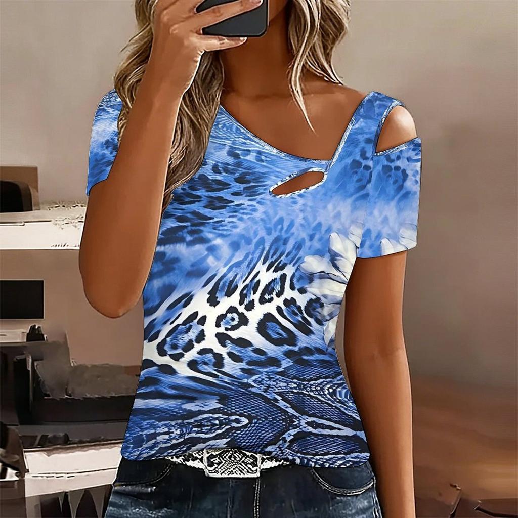 Women Diversified Flowers Print Cold Shoulder Short Sleeve T Shirt Irregular Cutout Neck Casual Summer Blouse Top