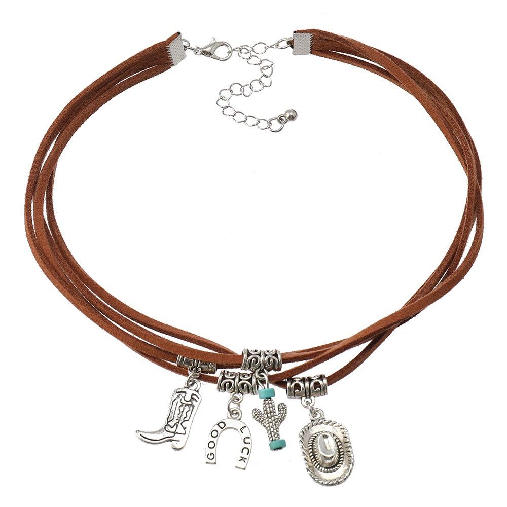 Ethnic Style Turquoise Stone Necklace Woven Rope Bohemian Necklace Trendy Leaf Tassel Choker  Gift