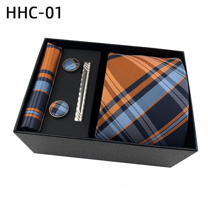 Men'S Striped Flower Plaid Tie Square Towel Cuffs Tie Clip Gift Box Set Business Casual Tie Black