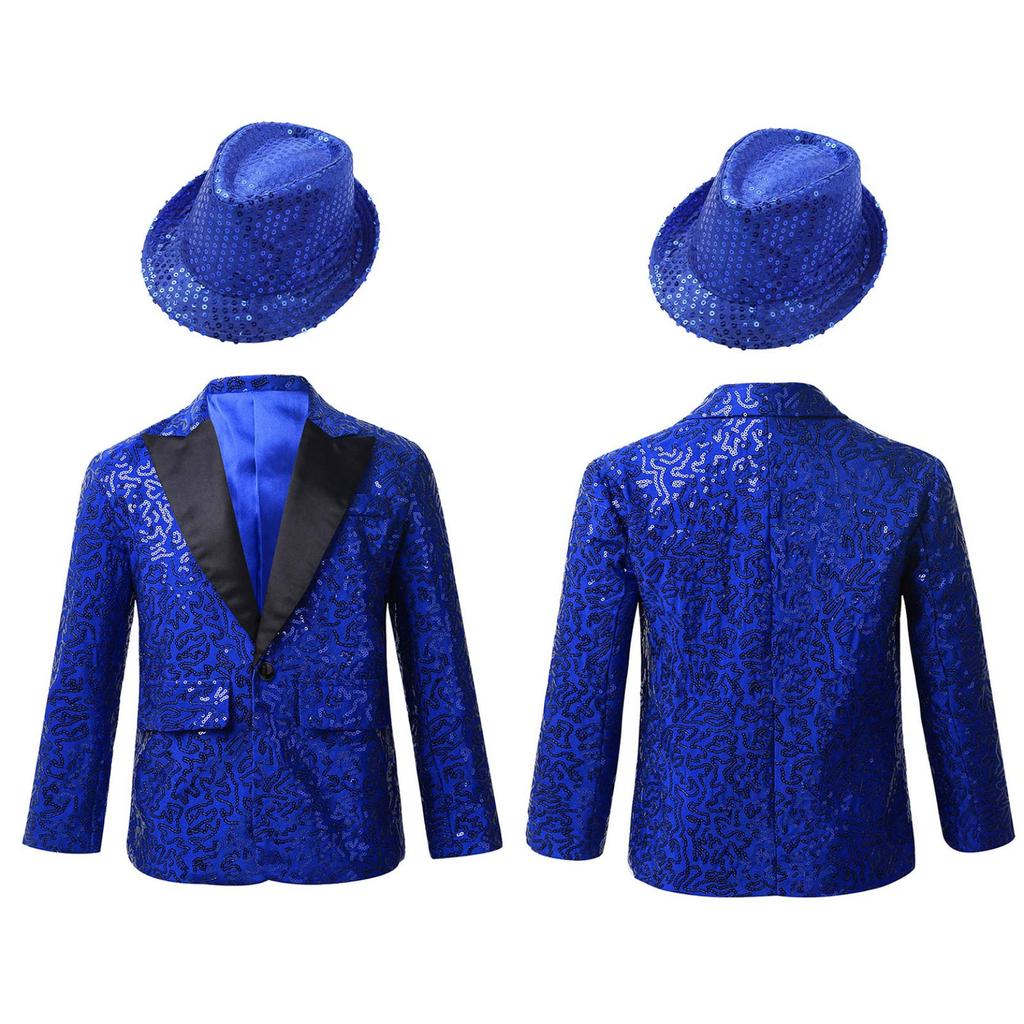 Детский мальчиковый смокинг, пиджак с блестящими пайеточными лацканами и шляпа для танцевальных выступлений и банкетных вечеринок