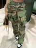 Европейско-американские ретро женские камуфляжные брюки карго с высокой талией, широкими штанинами и накладными карманами - Стиль 8115